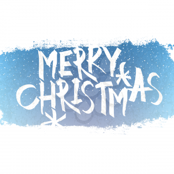 Merry Christmas Lettering with blue sky and snowflakes. Center composition, isolated on white