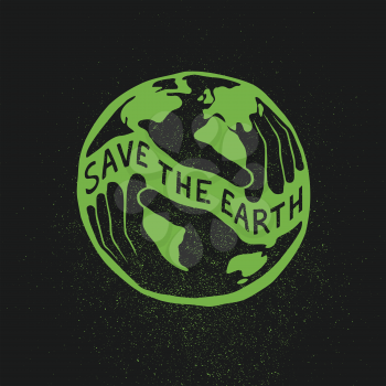 Save the Earth. Earth day concept. Logo design template. Human hands hold Earth planet. Green on black textured background