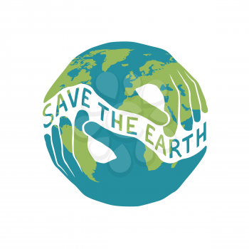 Save the Earth logotype for Earth day celebration. Two hands shaped hold the planet. Vector illustration isolated on white background.