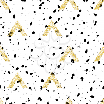 Gold geometric triangle with chaotic black glitch vector objects background. Modern golden seamless pattern