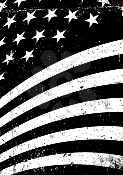 Black and white grunge United States of America wavy flag. Abstract American patriotic background. Vector grunge illustration, A4 format