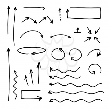 Isolated vector hand drawn arrows set on a white background. Straight, wavy, dashed and other arrows. 