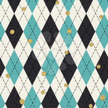 Seamless blue argyle pattern with chaotic golden dots. Traditional diamond check print. Vintage seamless background. 