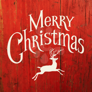 Merry Christmas Typography with Deer Silhouette On Red old painted Planks Texture. Vector