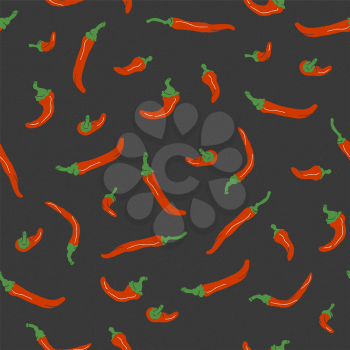 Seamless pattern with red hot chile peppers on black background. Vector illustration of chili peppers.
