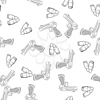 Seamless pattern with pistols and bullets. Vector doodles background