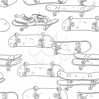 Skateboards and sneakers. Seamless vector doodles background. Youth theme seamless pattern.
