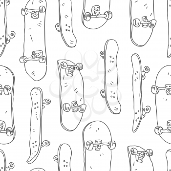 Skateboards Seamless vector doodles background. Extreme sports theme seamless pattern.