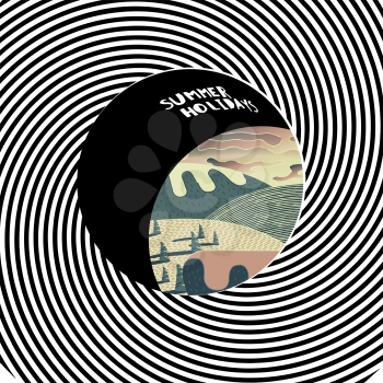 The black and white stripes twisting into the tunnel form and hole through which a sunny mountains is visible. Tourism concept, vector illustration.