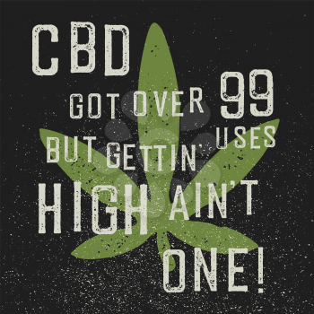 CBD quote poster. Hemp leaf symbol. On black grunge background. 