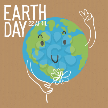 Earth day poster. Earth character with daisy flower. Save the earth concept poster. Vector illustration