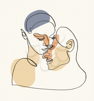 Continuous line, drawing of faces man and woman. Vector illustration