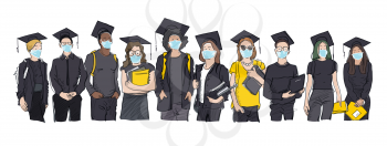 Class of 2021. Young students of different nations wearing mask. Dressed in dark tones with graduation hats. Happy students with backpacks and books. Vector illustration on white background, isolated.
