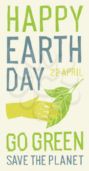 Happy Earth Day poster, April 22. A man's hand gently touches a green leaf. Support gesture. Against the background of the tone of the paper.