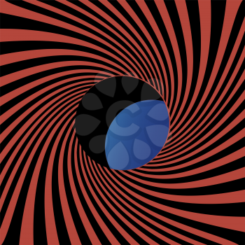 The black and red stripes twisting into the tunnel form and hole through which a blue background with light. Vector The End background
