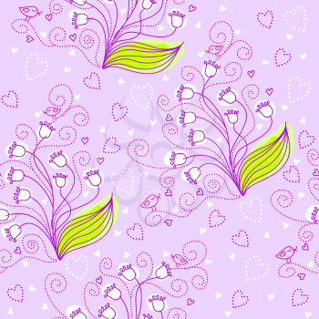 Seamless floral pattern with lily of the valley and cute birds