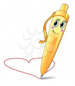 Cute yellow pen with smile drawing a heart