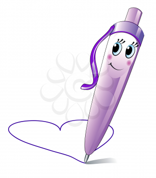 Cute violet pen with smile drawing a heart
