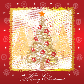 Christmas card illustration with golden christmas tree