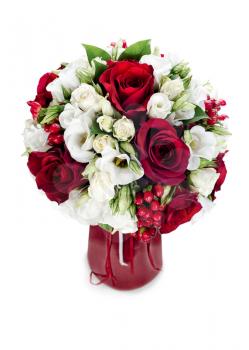 colorful flower bouquet arrangement centerpiece in red vase isolated on white background