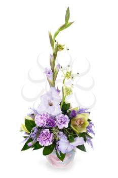 colorful flower bouquet from gladioluses arrangement centerpiece in vase isolated on white background