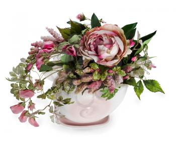 colorful floral arrangement in a pink ceramic vase, isolated on white background