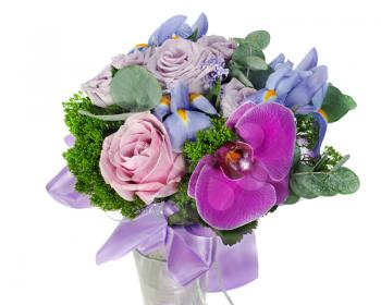 colorful flower wedding bouquet for bride from roses, iris and orchid, isolated on white background