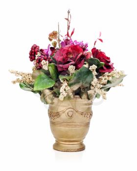colorful flower bouquet from artificial flowers arrangement centerpiece in gold vase isolated on white background