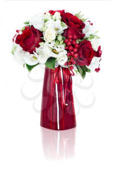 colorful flower bouquet arrangement centerpiece in red vase isolated on white background