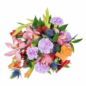colorful floral bouquet from roses,cloves and orchids isolated on white background