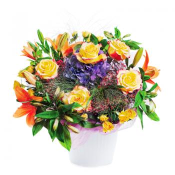 Flower bouquet arrangement centerpiece in vase isolated on white background.