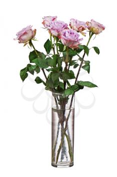 Colorful flower bouquet from roses in glass vase isolated on white background.  Closeup.