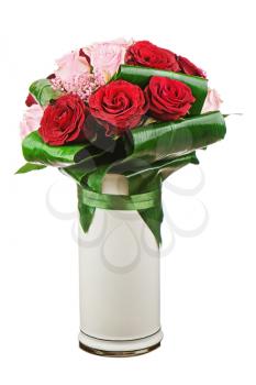 Colorful flower bouquet from roses in white vase isolated on white background.  Closeup.