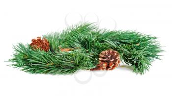 wreath of fir branches isolated on white background, selective focus