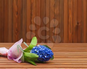 Bouquet from hyacinth flower on wooden background. Closeup.