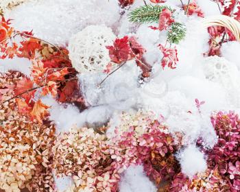 Bouquet from hydrangea, autumn leaves and snow.