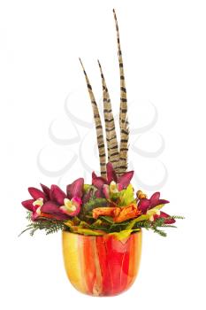 Bouquet from artificial orchid flowers and feathers of pheasant in vase isolated on white background.  