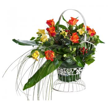 Colorful Flower Bouquet Arrangement Centerpiece in Metal Basket Isolated on White Background. Closeup.