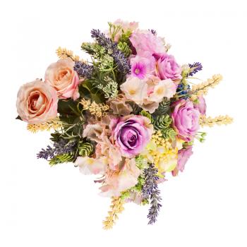 Bouquet from artificial flowers arrangement centerpiece isolated on white background.