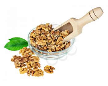 Handful of walnuts in glass bowl, scoop and green leaves isolated on white background. Closeup. Selective focus.