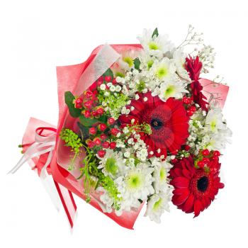 Colorful flower bouquet in red paper isolated on white background. Closeup.