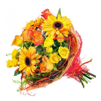 Beautiful bouquet of gerbera, roses and other flowers isolated on white background.