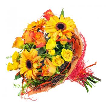 Beautiful bouquet of gerbera, roses and other flowers isolated on white background.