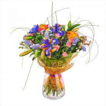 Flower bouquet from roses, iris and statice flowers in glass vase isolated on white background. Closeup.
