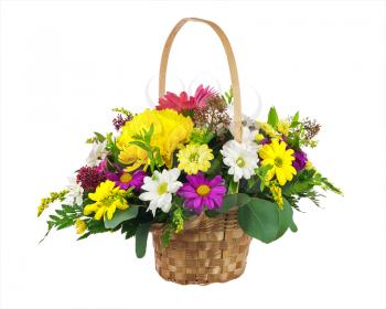 Flower bouquet from multi colored chrysanthemum and other flowers arrangement centerpiece in wicker basket isolated on white background.
