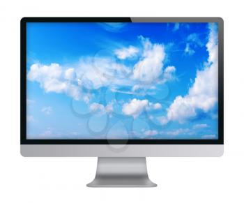 Computer display with blue sky and beautiful clouds on screen. Front view. Isolated on white background. Highly detailed illustration.