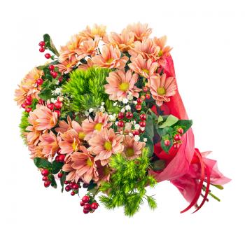 Bouquet of gerbera, carnations and other flowers isolated on white background.