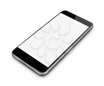 Realistic mobile phone with blank screen isolated on white background. Highly detailed illustration.