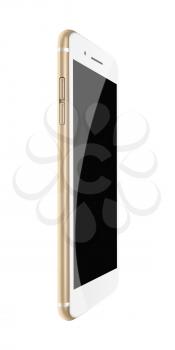 Fashionable phone realistic smartphone with black screen isolated on white background. Highly detailed illustration. 
