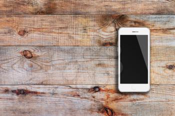 Mobile smart phone with black screen on wooden background. Highly detailed illustration.